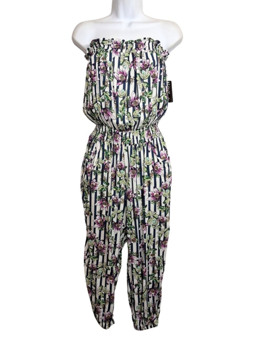 LOVE BY CHESLEY Floral Stripe Jumpsuit Strapless Colorful Pink Green Print L NWT